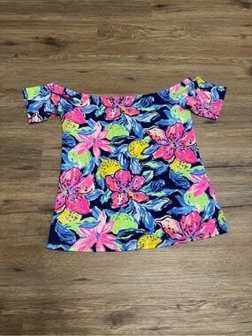 Lilly Pulitzer Navy Floral Off-Shoulder Top with Pink, Yellow & Green